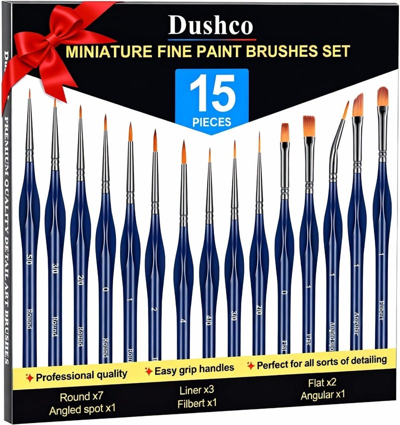 Dushco Detail Paint Brushes Set - 15pcs Miniature Paint Brushes, Art Painting for Acrylic Watercolor Gouache Oil & Face Painting, Models, Figurine and Paint by Number Kit for Adults - Image 1